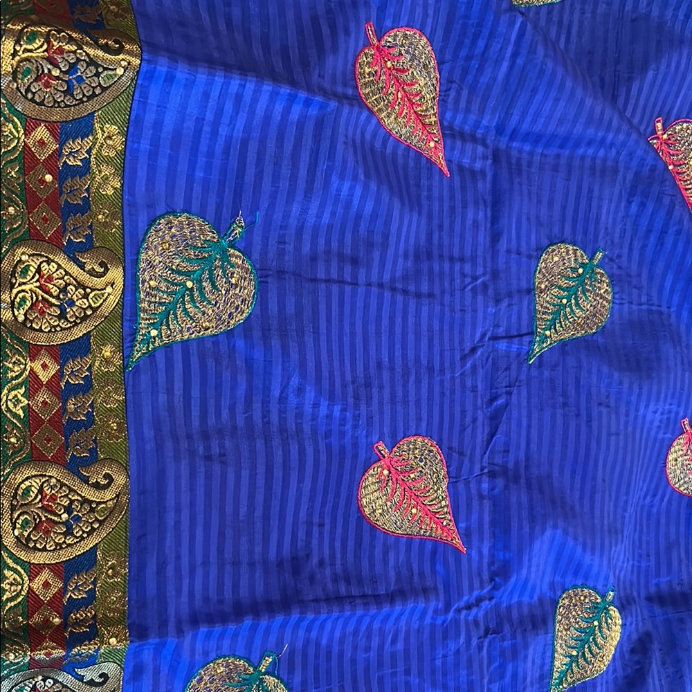 Vibrant Blue SILK Saree with Gold n Pink Leaf Embroidery NEW- give me best offer